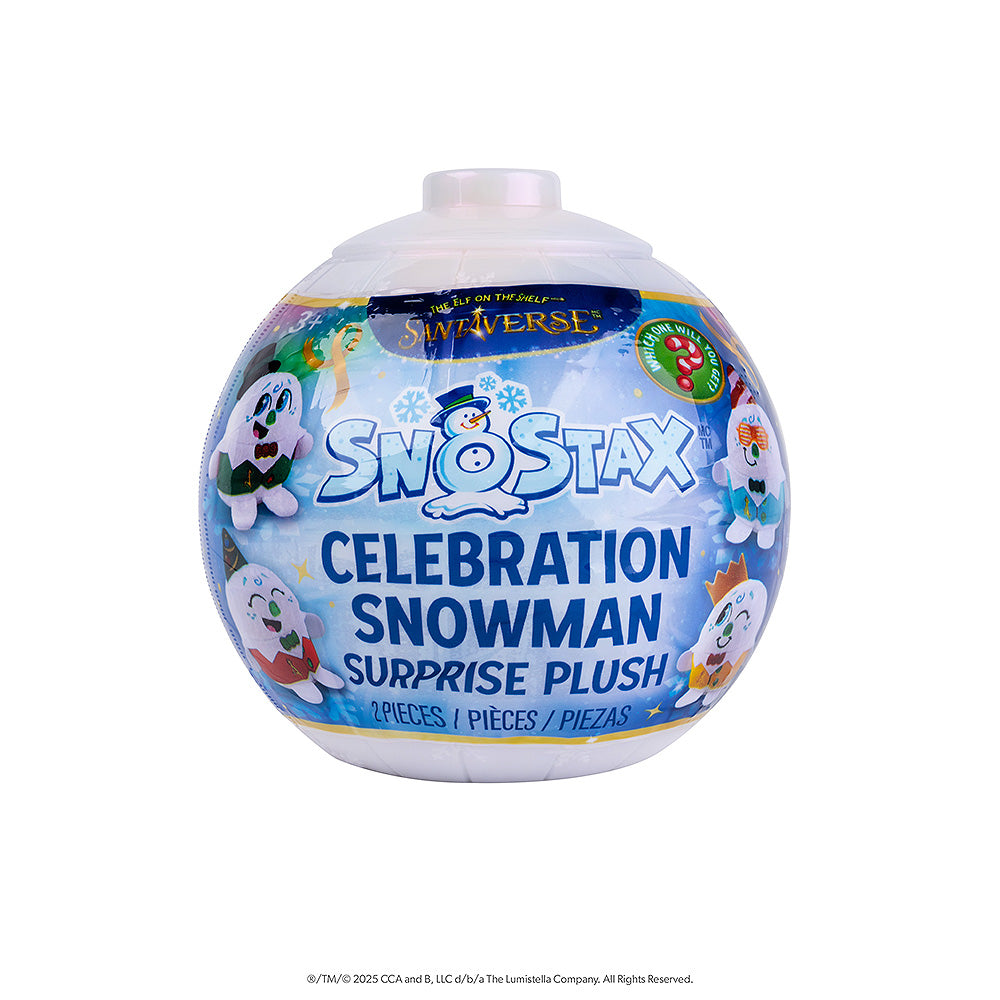 The SnoStax Celebration Snowman Surprise Plush packaging, which doubles as a disco ball ornament.