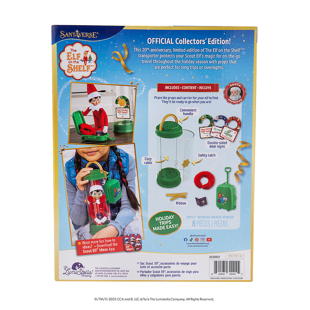 Back packaging of the Scout Elf® Carrier, Ltd. 20th Anniversary Ed. Kit.