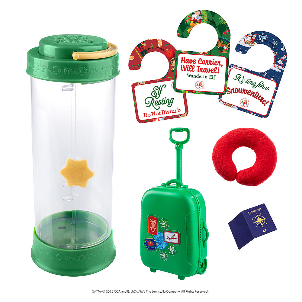 All of the pieces to the Scout Elf® Carrier, Ltd. 20th Anniversary Ed. Kit shown in this image: Carrier, suitcase, neck pillow, passport and message tags.