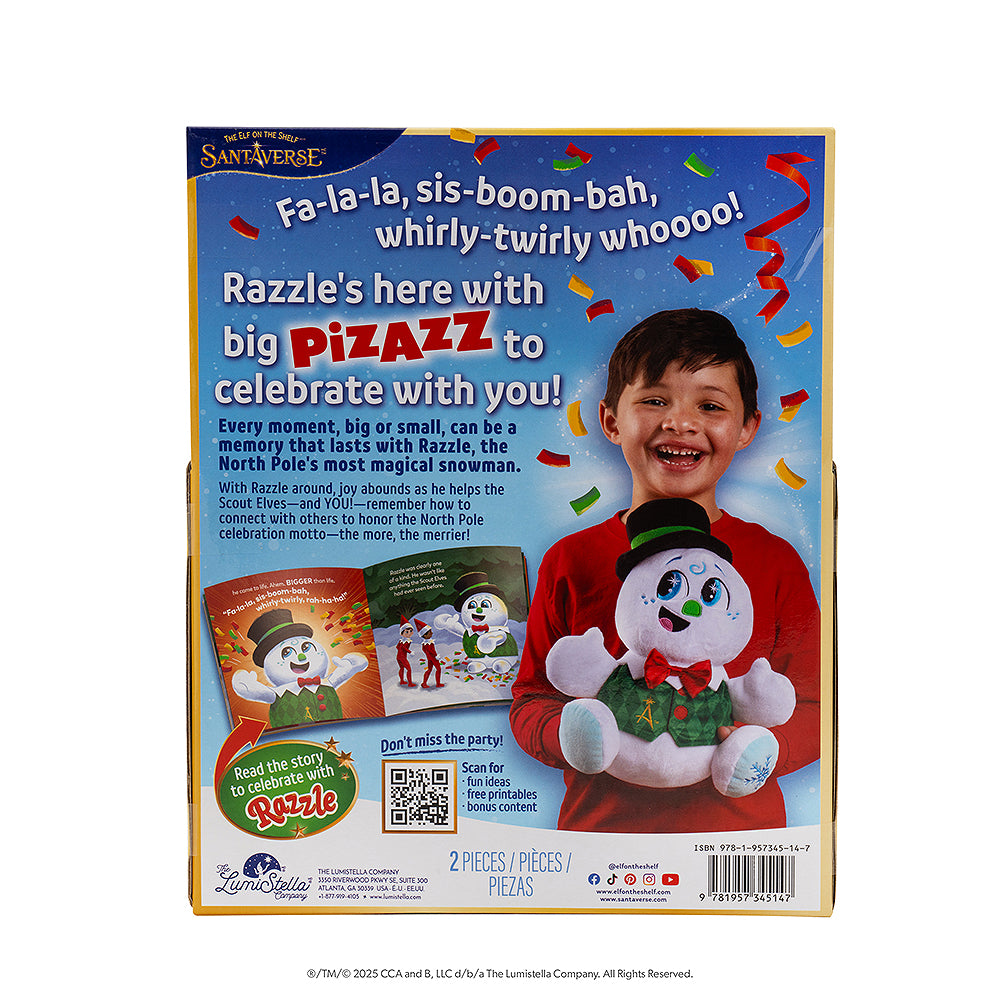 SnoStax™ Razzle the Celebration Snowman plush and book, back of packaging