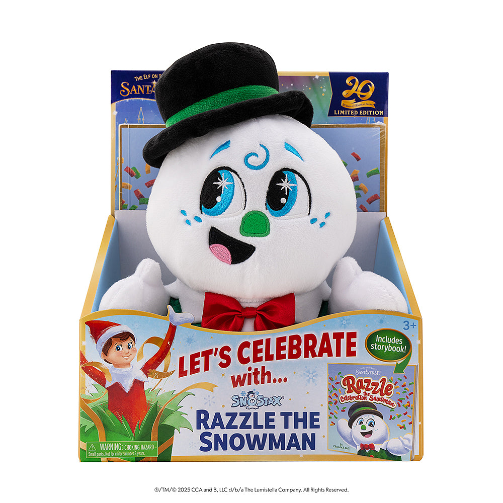 SnoStax™ Razzle the Celebration Snowman plush and book front packaging