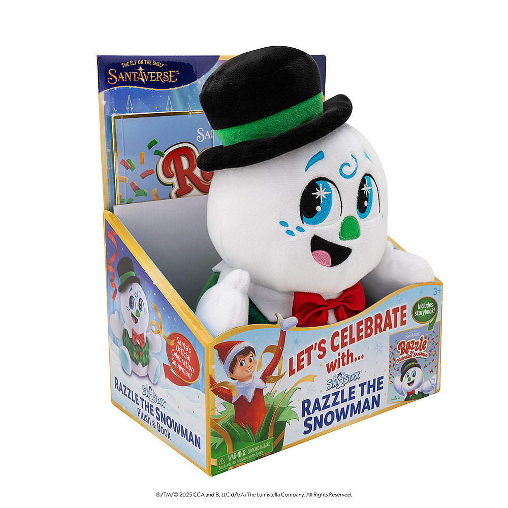 SnoStax™ Razzle the Celebration Snowman plush and book packaging from the front-right side