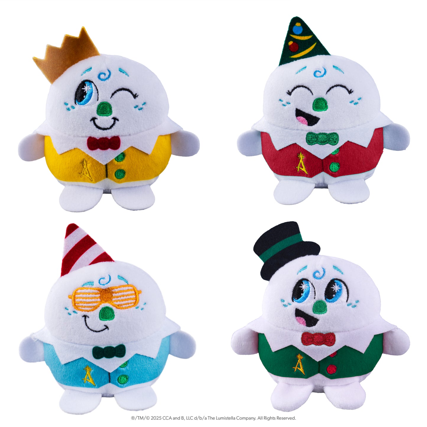 All four playable plush celebration snowmen pictured. These pint-sized North Pole pals are stirring up a celebration for the 20th year of The Elf on the Shelf®! Collect all four and celebrate the season!