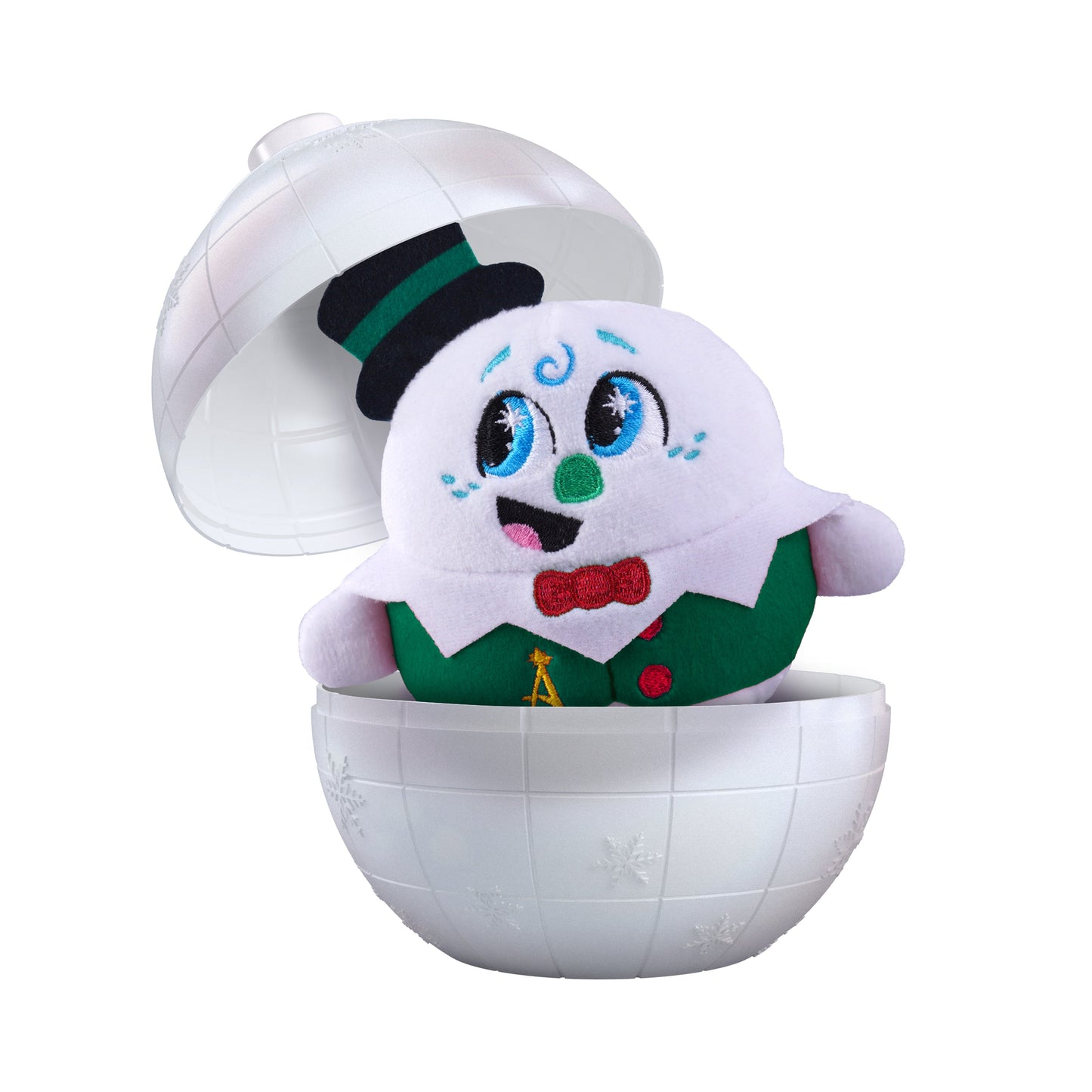 One of the four playable plush celebration snowmen inside a toy disco ball ornament.