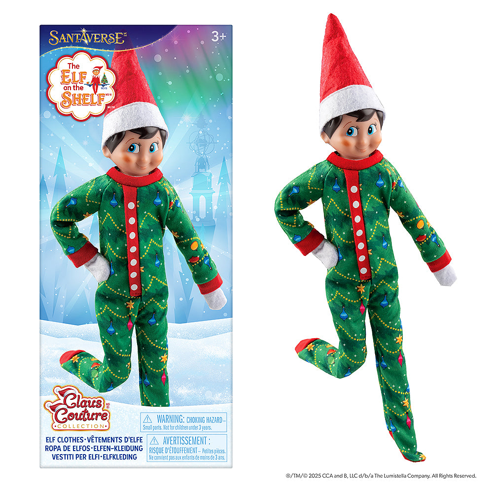 The front packaging of the Claus Couture Collection® Goodnight, Sleep Bright PJs with a boy Scout Elf wearing the PJs to the left of the packaging