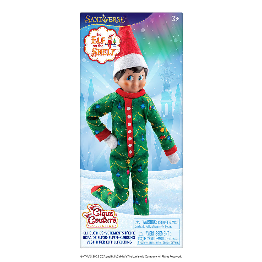 The front packaging of the Claus Couture Collection® Goodnight, Sleep Bright PJs