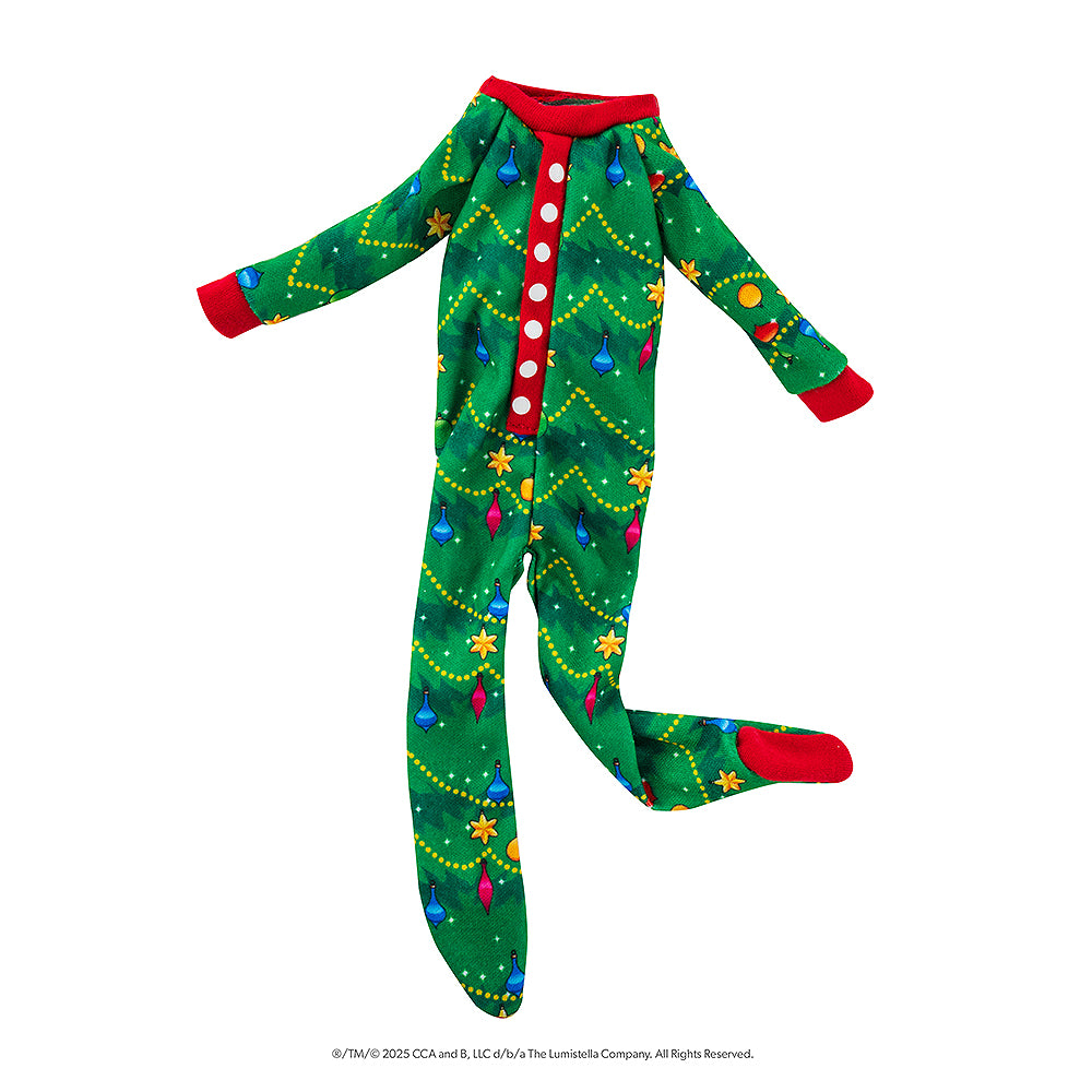 A flat lay image of the Claus Couture Collection® Goodnight, Sleep Bright PJs, showcasing the details on the PJ set