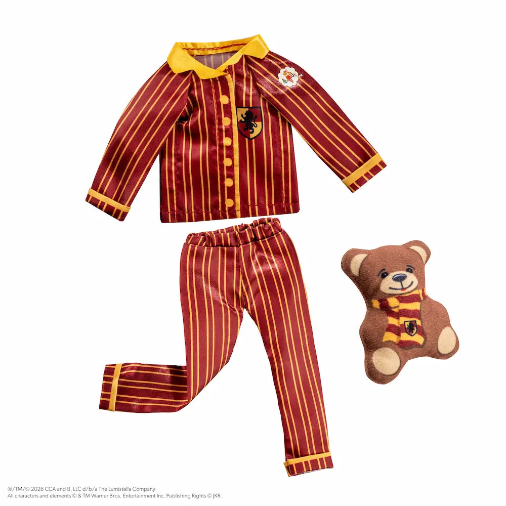 Harry Potter Gryffindor Pajama Set featuring red and gold striped pajama top, matching pants, and miniature teddy bear