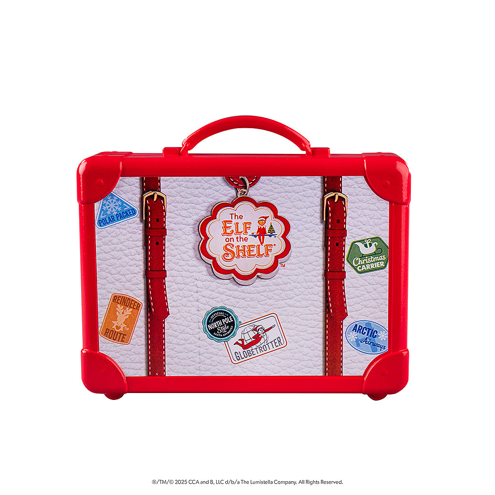 Red and white plastic storage suitcase, adorned with passport stamps and stickers.