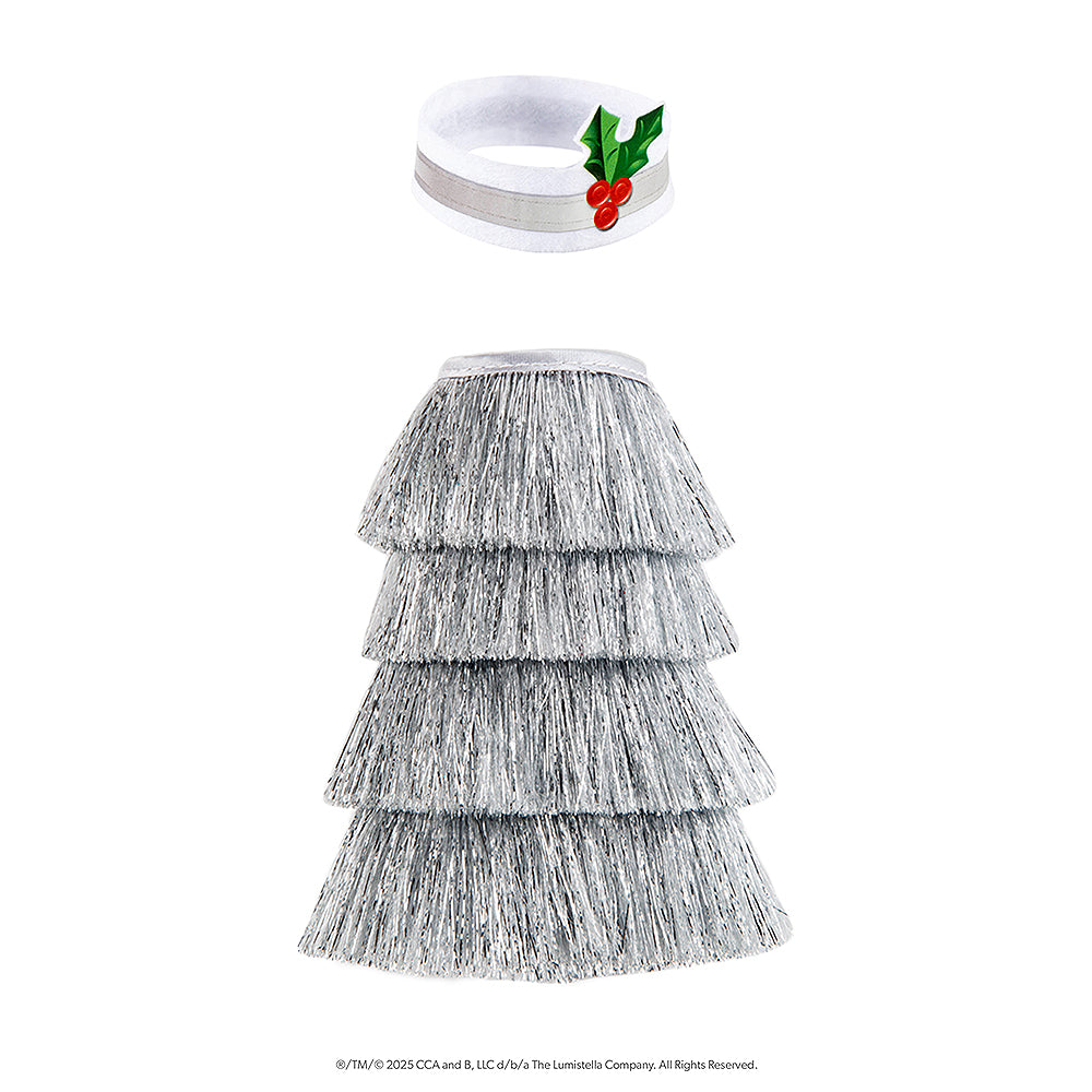 The Claus Couture Collection® Tiny Tinsel Dress and included headband on display.