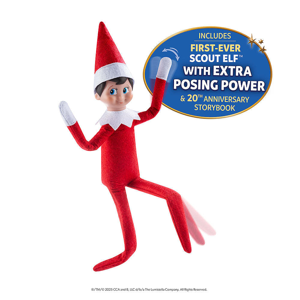 A product shot of the adoptable boy limited-edition 20th anniversary Scout Elf® with blue eyes and flexible bending limbs for even easier elf scenes from the The Elf on the Shelf®: A Christmas Tradition, Limited 20th Anniversary Edition. A burst callout states, "Includes first-ever Scout Elf with extra posing power & 20th Anniversary storybook.