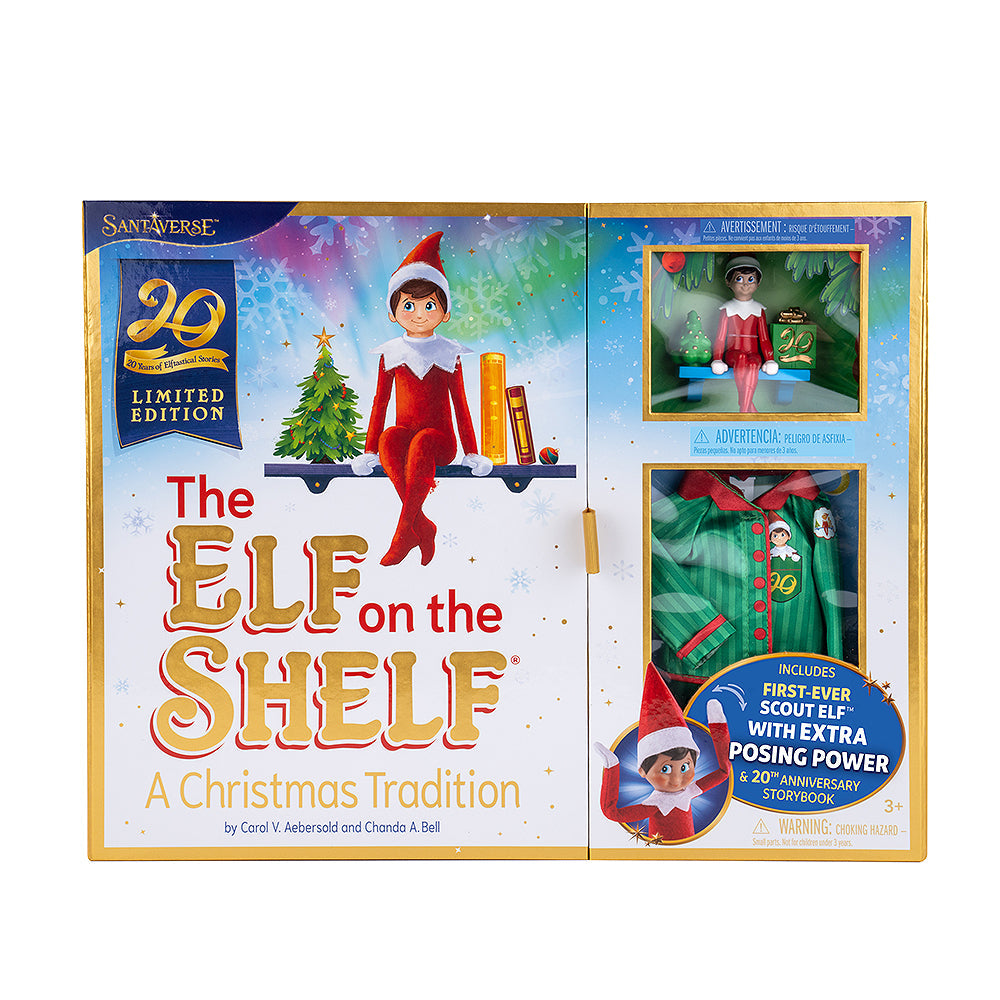 A front view of the packaging of the The Elf on the Shelf®: A Christmas Tradition, Limited 20th Anniversary Edition box set