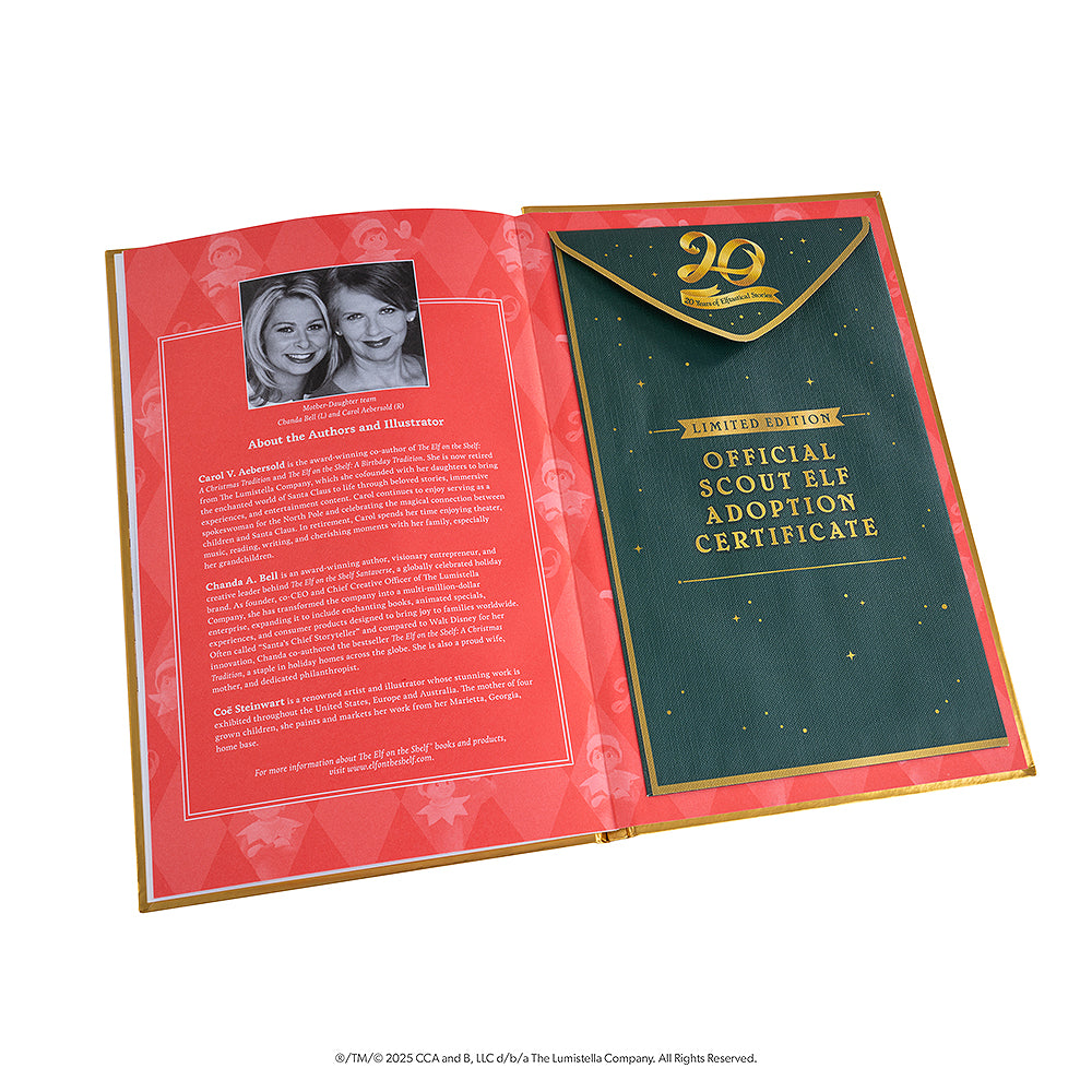 Inside the artfully illustrated 20th anniversary edition storybook, showcasing the pocketed sleeve where the keepsake 20th anniversary edition adoption certificate is stored.