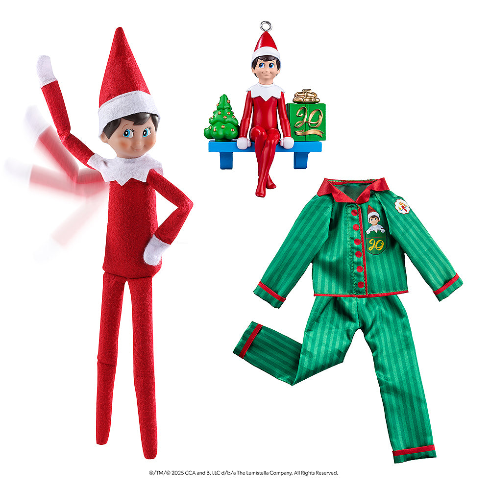 An image featuring the included contents of the The Elf on the Shelf®: A Christmas Tradition, Limited 20th Anniversary Edition. This includes a limited-edition 20th anniversary boy Scout Elf® with blue eyes and flexible bending limbs for even easier elf scenes, limited-edition luxury satin long pajama set and limited-edition keepsake Scout Elf® ornament.