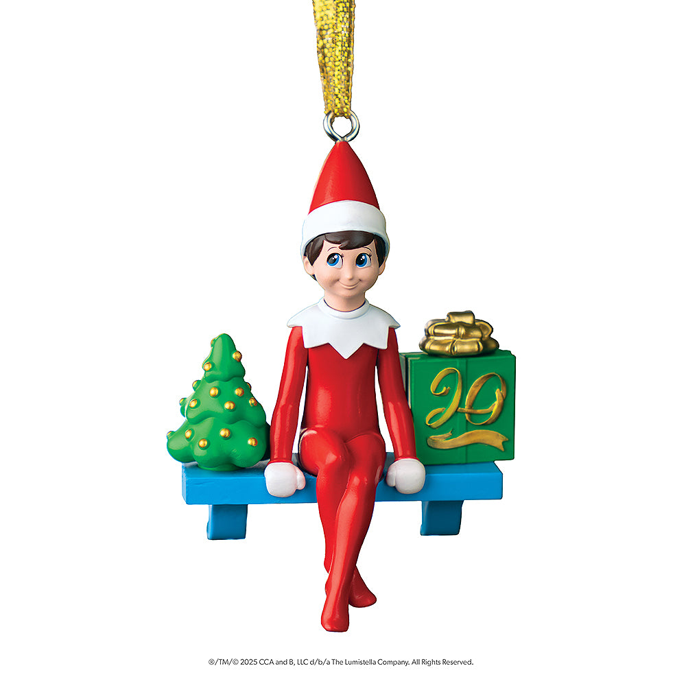 An up-close image of the The Elf on the Shelf®: A Christmas Tradition, Limited 20th Anniversary Edition ornament.