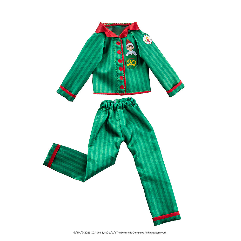 A flat lay product shot of the limited-edition luxury satin long pajama set from the The Elf on the Shelf®: A Christmas Tradition, Limited 20th Anniversary Edition.