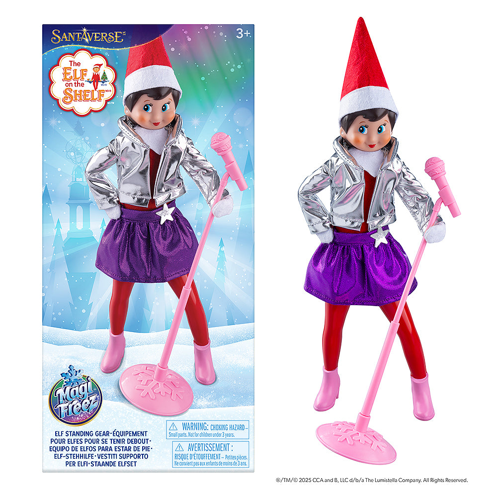 The MagiFreez® Pop Star packaging (left-hand side) with a staged girl Scout Elf wearing the set right-hand side).