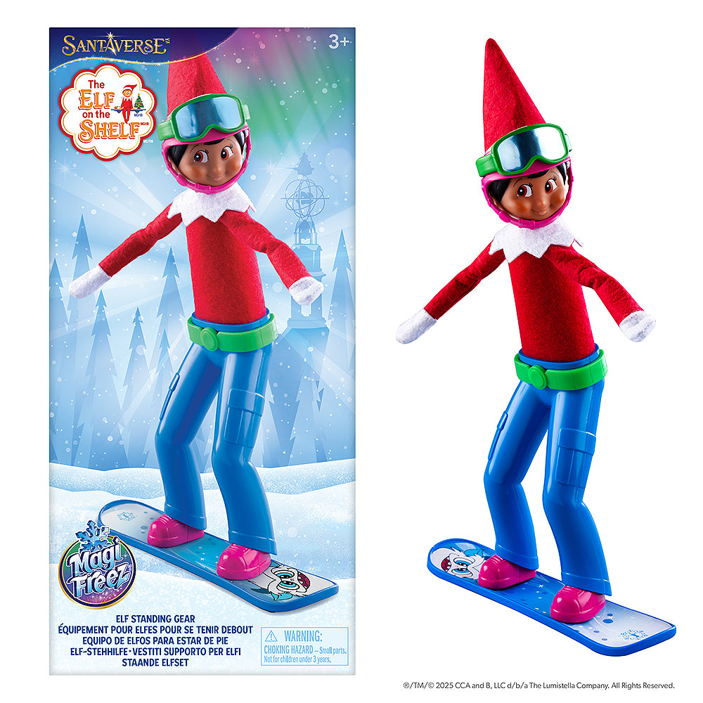 The front view of the packaging for the MagiFreez® Swish and Sleigh Snowboard Set (left-hand side), with a girl Scout Elf posing while wearing the set (right-hand side).