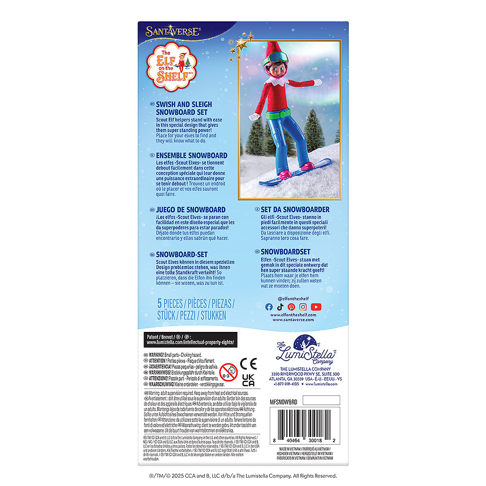 The back view of the MagiFreez® Swish and Sleigh Snowboard Set packaging.