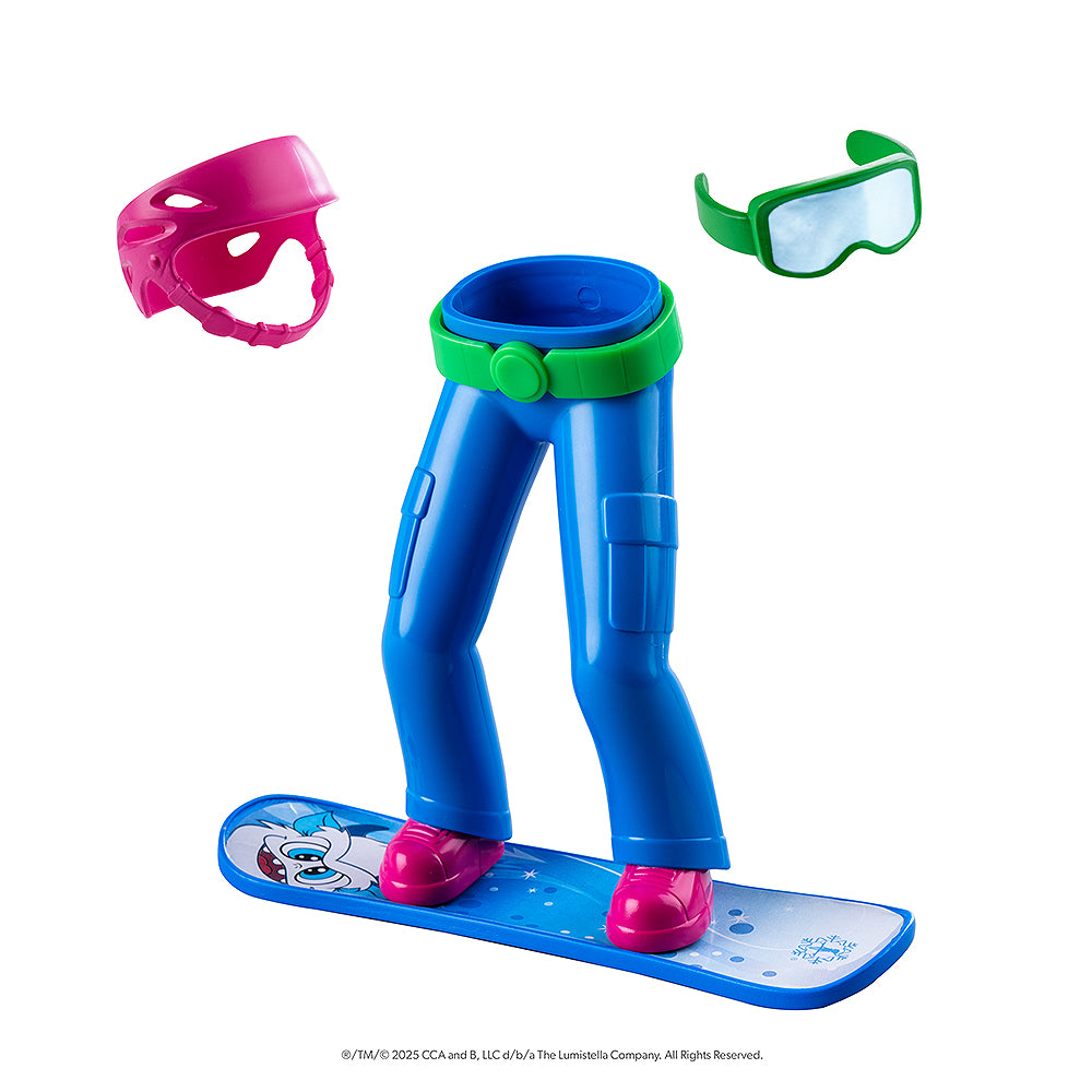 A product shot of the MagiFreez® Swish and Sleigh Snowboard Set: pants, snowboard, helmet, and goggles.