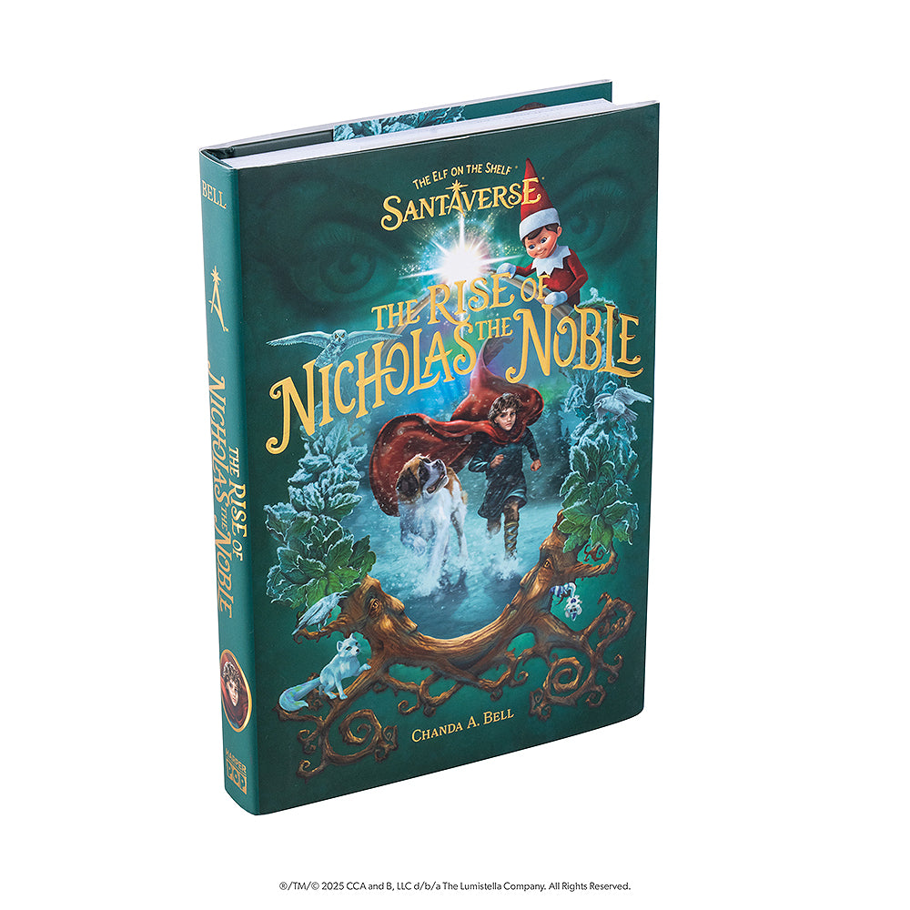 A front product shot of "The Elf on the Shelf® Santaverse®: The Rise of Nicholas the Noble". The cover is slightly tilted to the right and you can see the top of the pages and the rear cover.