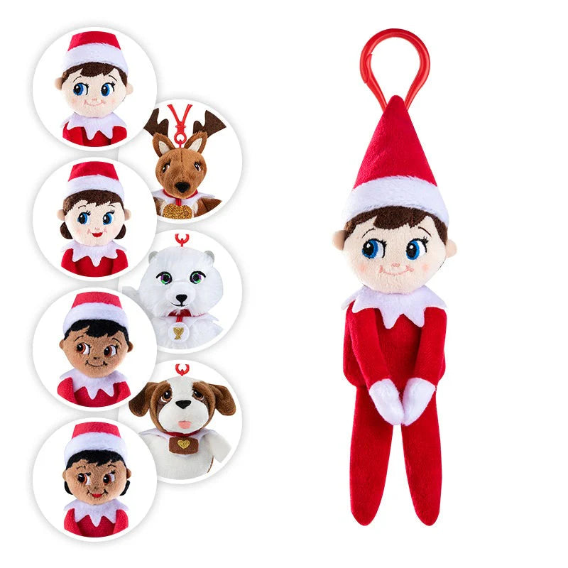 A collage of all Plushee Pals Mini Clips headshots on the left. This includes the Boy with Blue Eyes, Girl with Blue Eyes, Boy with Brown Eyes, Girl with Brown Eyes, Elf Pets Reindeer, Elf Pets Arctic Fox, and Elf Pets St. Bernard. On the right is a full product preview of the Boy with Blue Eyes.