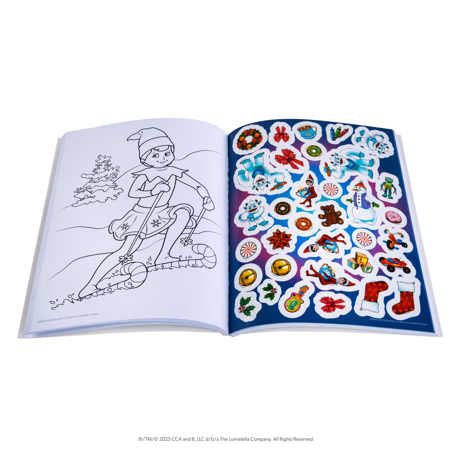 An mage of the Santaverse™ Santa’s North Pole Friends Activity Book opened up to show a coloring page and sticker sheet