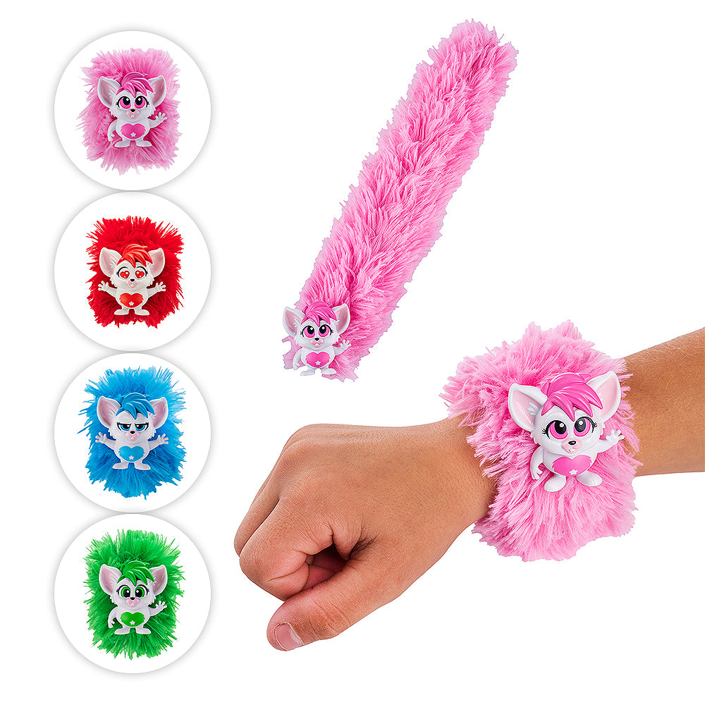 A product shot of the Bogie™ Wrap-Alongs indicating the 4 different options (pink, red, blue and green). The different color options are shown in the left, framed in circles with subtle drop shadows. To the rigfht is a shot of the pink Bogie™ Wrap-Alongs with it's tail extended and again wrapped on the wrist of a child.