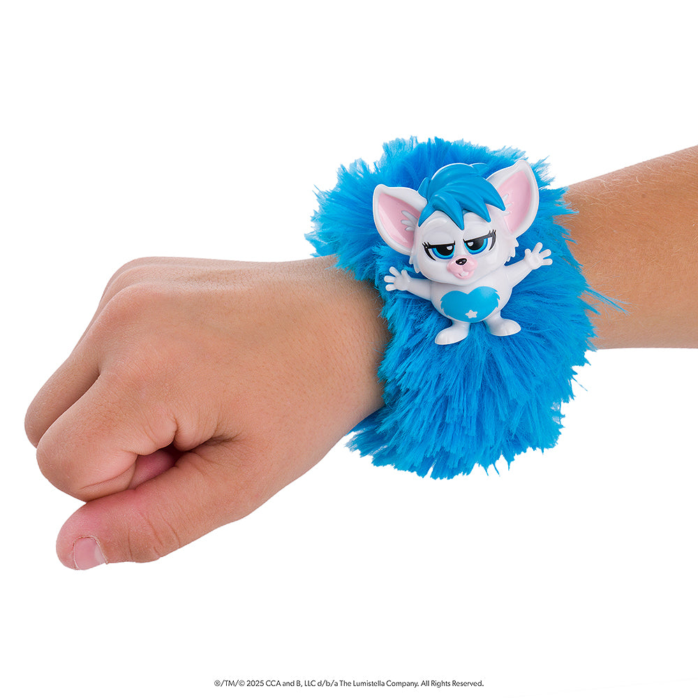 A close up of the blue Bogie™ Wrap-Alongs wrapped around a child's wrist