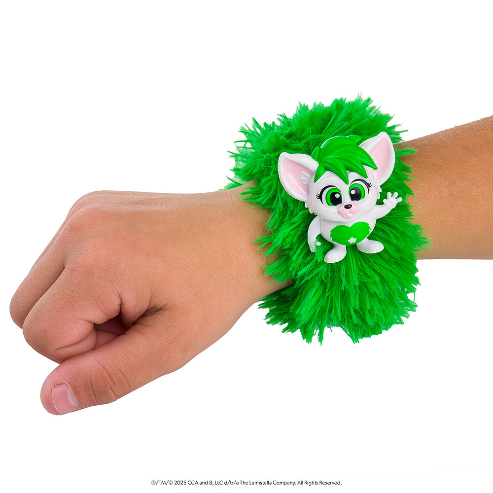A close up of the green Bogie™ Wrap-Alongs wrapped around a child's wrist