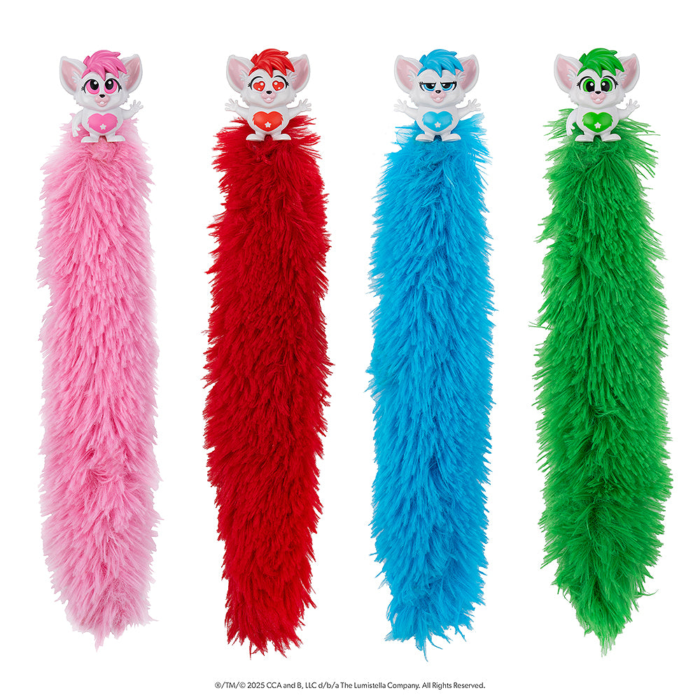 A product shot of all 4 of the Bogie™ Wrap-Alongs with their tails extended. From left to right: the pink Bogie™, red Bogie™, blue Bogie™ and green Bogie™.