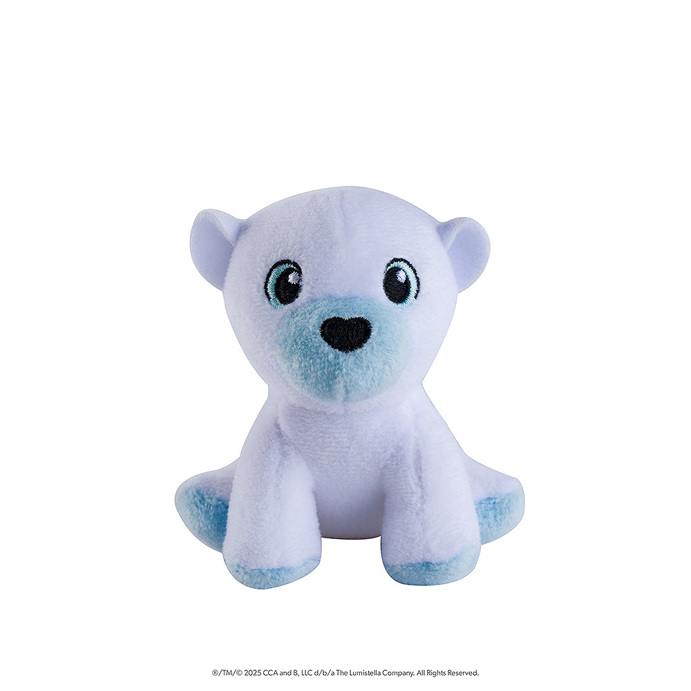 This image features the 1 of the 4 mini plush snow sculpture designs that you could get in the Noorah™ Snow Sculpture Surprise. This plush is a cute polar bear character in white and light blue.