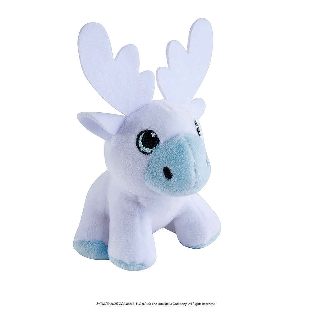 This image features the 1 of the 4 mini plush snow sculpture designs that you could get in the Noorah™ Snow Sculpture Surprise. This plush is a cute reindeer character in white and light blue.