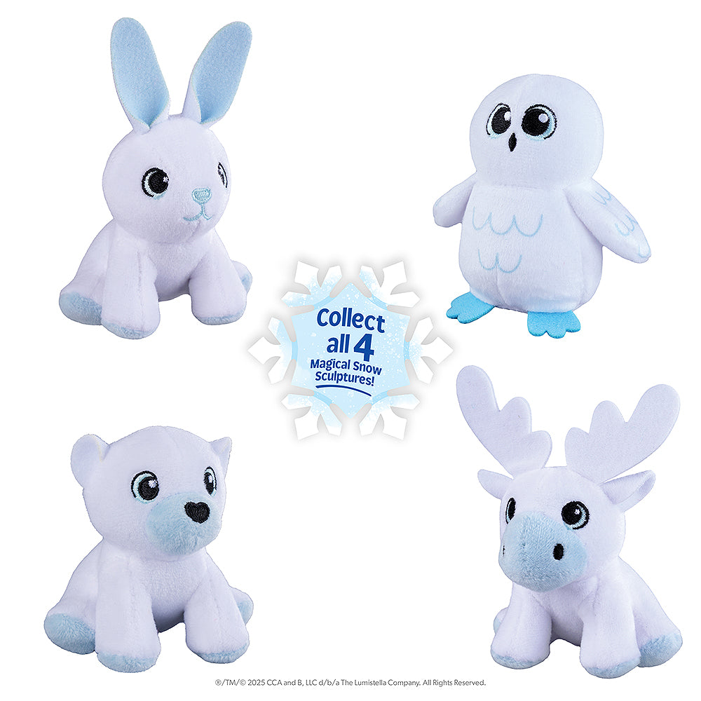 This image features the 4 mini plush snow sculpture designs that you could get in the Noorah™ Snow Sculpture Surprise. This image has a graphic that states to "Collect all 4 Magical Snow Sculptures!"