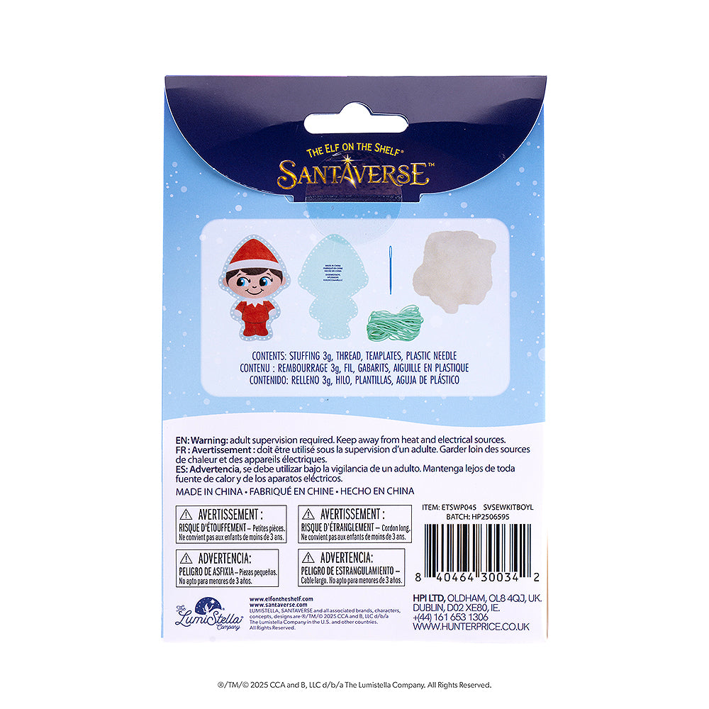 A back view of the packaging of The Elf on the Shelf® Easy-Sew Ornament Kit. The packaging depicts the individual pieces that are included in the kit. The top of the packaging features the Santaverse logo.