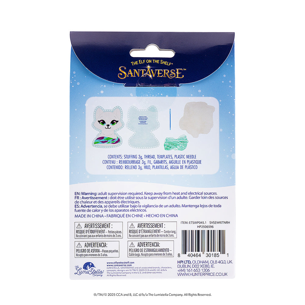 This image features the included items of the Noorah® Easy-Sew Ornament Kit. The included items are a front and back felt cutout of a boy Scout Elf, which is perforated around the edges, a needle, some thread and cotton stuffing.