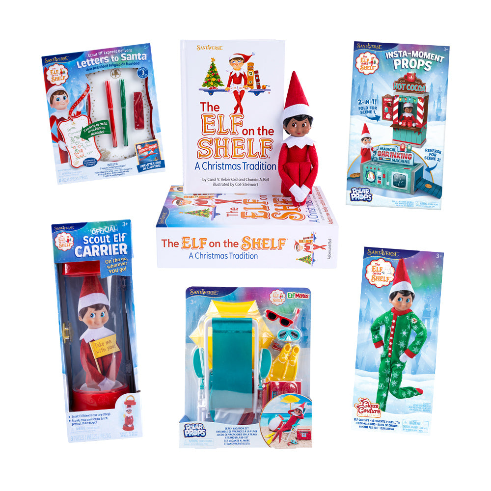 Packaging for Scout Elf Express Delivers Letters to Santa Mini,The Elf on the Shelf: A Christmas Tradition Box Set with girl with brown eyes, Polar Props™ Insta-Moment Props, the Official Scout Elf Carrier, Polar Props™ Beach Vacation Set, and Claus Couture Collection Snowflake Snuggle PJs