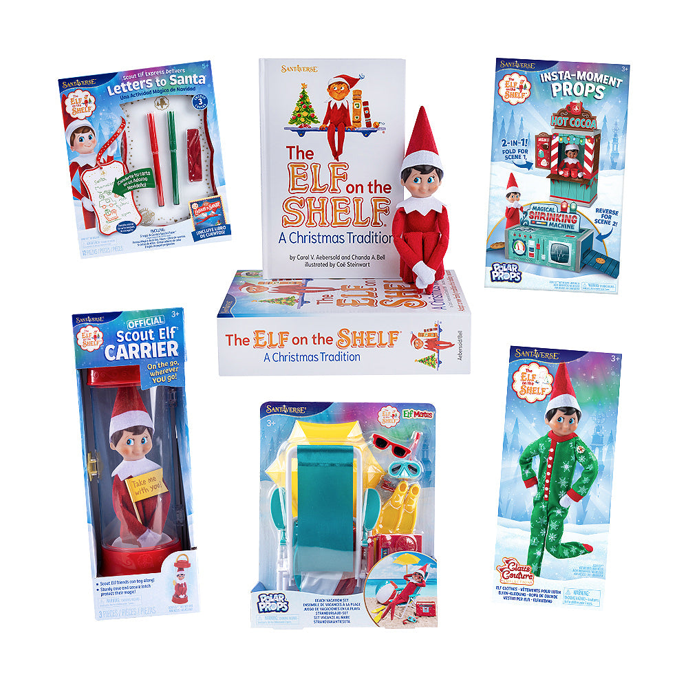 Packaging for Scout Elf Express Delivers Letters to Santa Mini,The Elf on the Shelf: A Christmas Tradition Box Set with boy with blue eyes, Polar Props™ Insta-Moment Props, the Official Scout Elf Carrier, Polar Props™ Beach Vacation Set, and Claus Couture Collection Snowflake Snuggle PJs