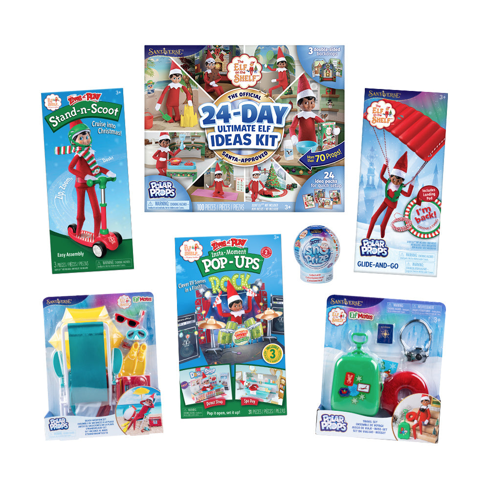 Over-the-Top Props Bundle. Includes: Polar Props™ 24-Day Ultimate Elf Ideas Kit, Polar Props™ Beach Vacation Set, Polar Props™ Travel Set,
