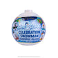 The SnoStax Celebration Snowman Surprise Plush packaging, which doubles as a disco ball ornament.