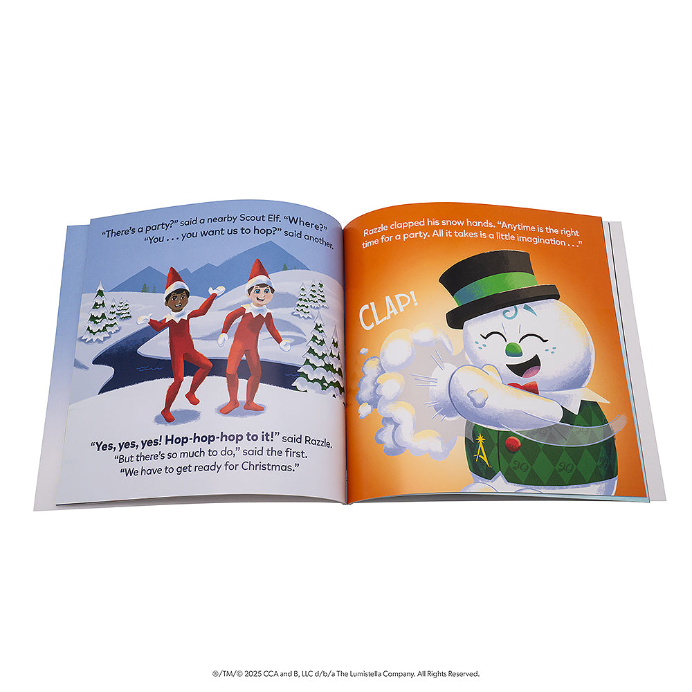 SnoStax™ Razzle the Celebration Snowman book opened up to showcase the illustration