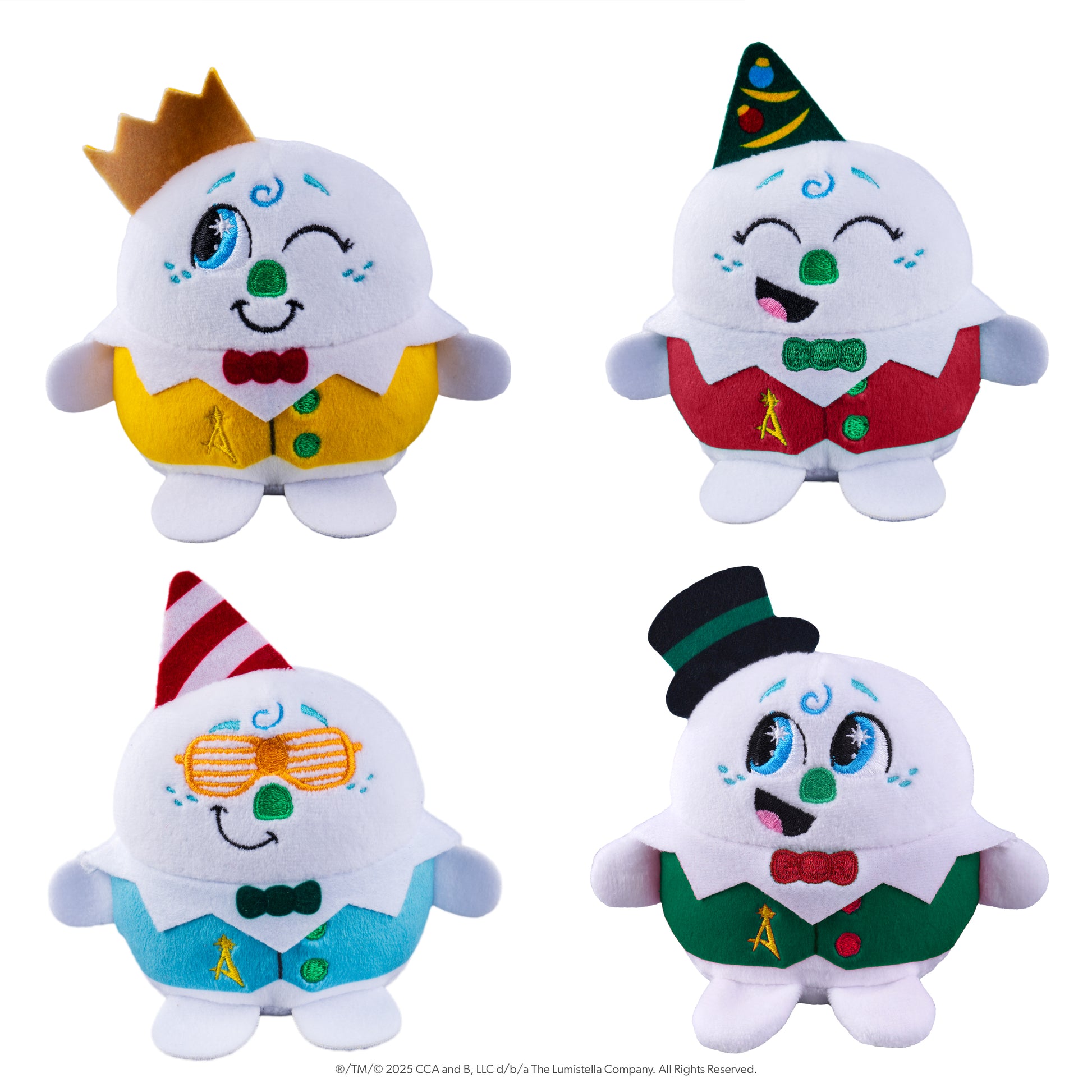 All four playable plush celebration snowmen pictured. These pint-sized North Pole pals are stirring up a celebration for the 20th year of The Elf on the Shelf®! Collect all four and celebrate the season!