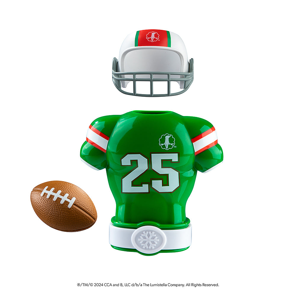 Claus Couture Collection® Touchdown Tidings Set featuring football, #25 green/red/white padded football jersey, and white/green/red football helmet