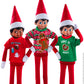 A trio of Scout Elves, each donning a t-shirt from the Claus Couture Collection® Festive Fun T-Shirt Set.