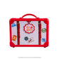 Red and white plastic storage suitcase, adorned with passport stamps and stickers.