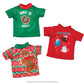 A flat lay view of the Claus Couture Collection® Festive Fun T-Shirt Set: a green tee with red collar with a donut graphic and the words, "Donut Be Naughty", a red tee with hot cocoa graphics and the words, "Hot Cocoa", and a green and red Fair Isle pattern with snowflakes and a large gingerbread man graphic.