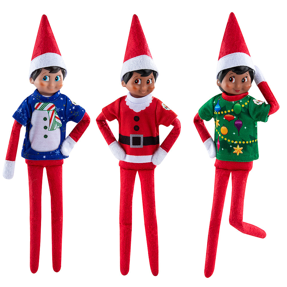 3 Scout Elves® posing in thier tees from the Claus Couture Collection® Christmas T-Shirt Party Pack