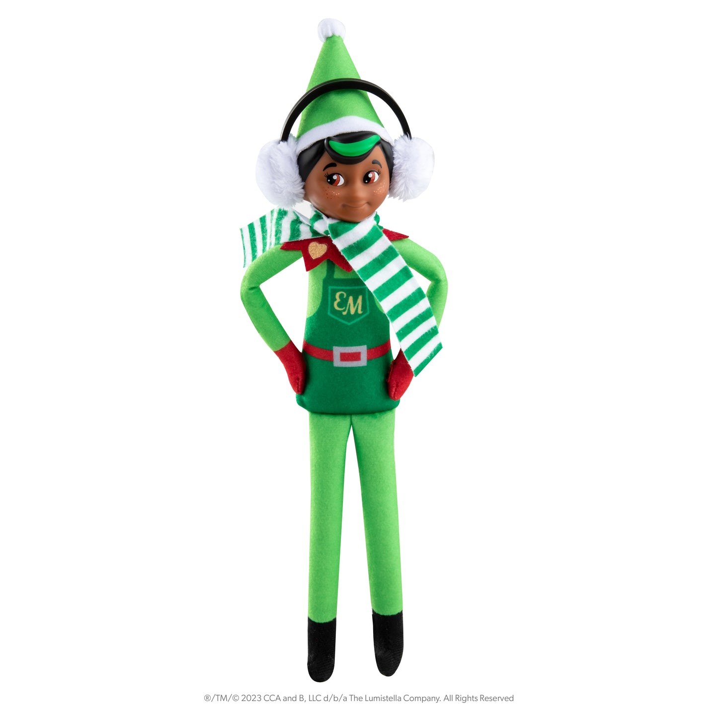 Elf Mates® Chef with dark skin tone wearing scarf and ear muffs posed standing up sporting scarf and earmuffs