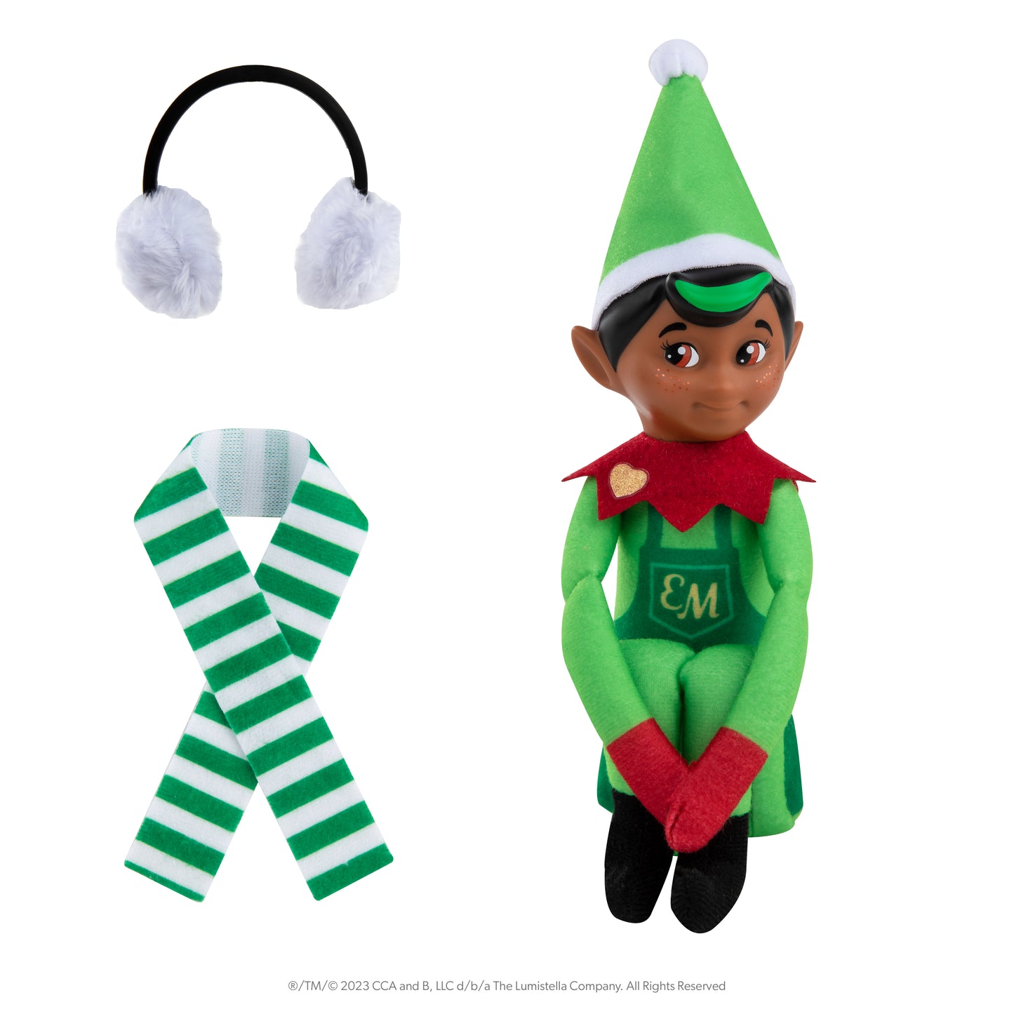 Elf Mates® Cobbler with dark skin tone posed with scarf and ear muffs