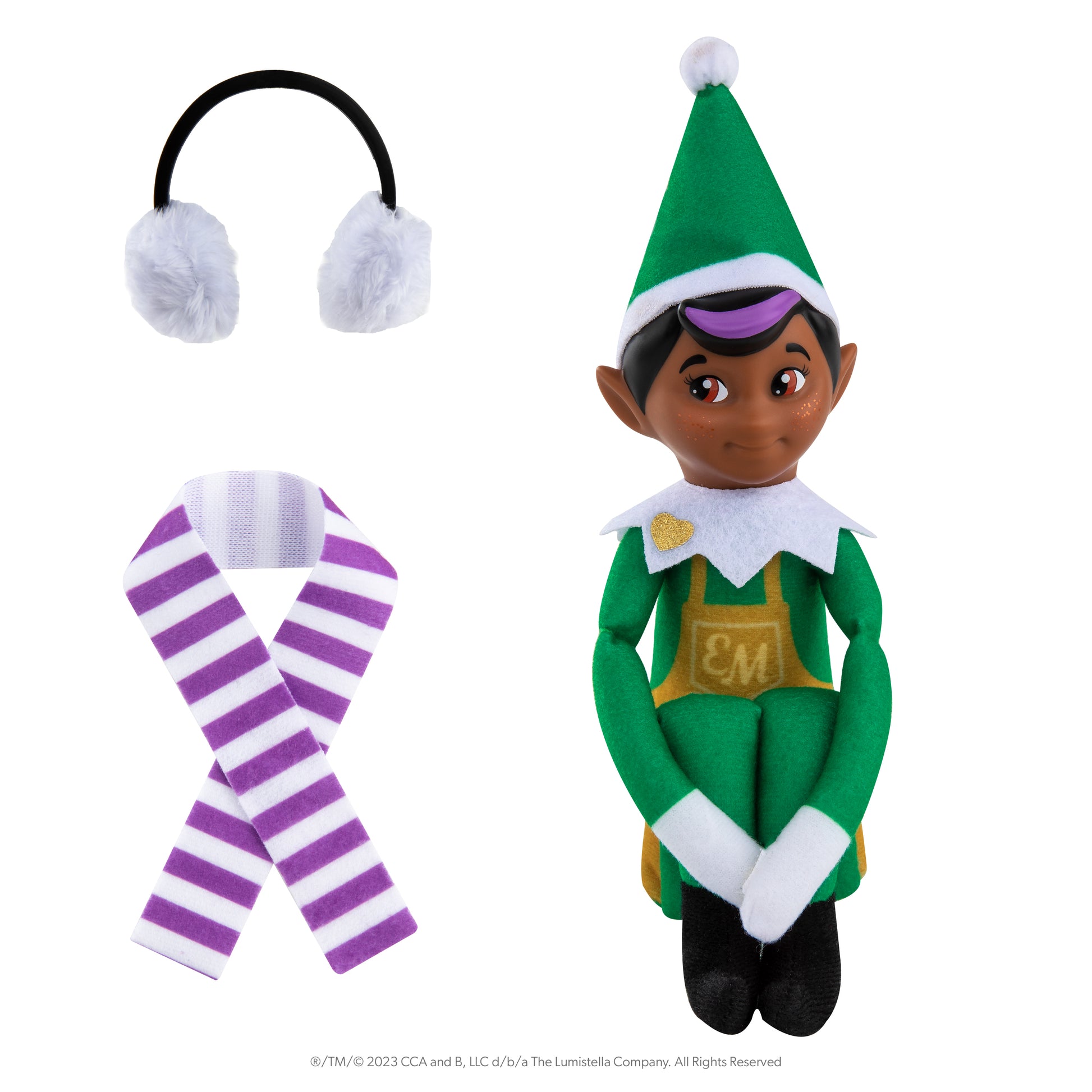 Elf Mates® Toy Maker with dark skin tone posed with scarf and ear muffs